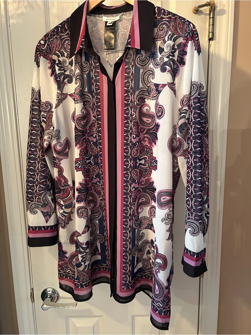 Chico's Pink and Navy Paisley Longline Shirt Jacket